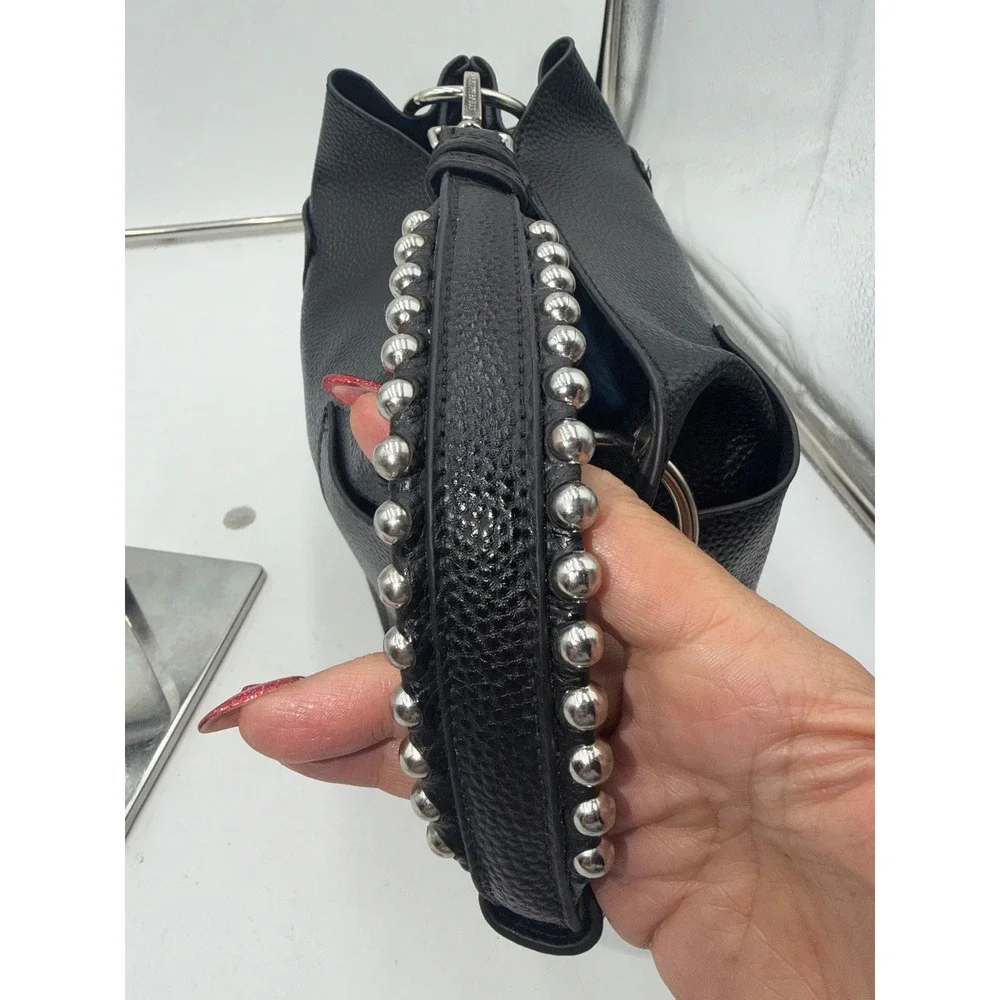 Steve Madden Black Pebbled Vegan Leather Studded Handle Hobo Bucket Bag